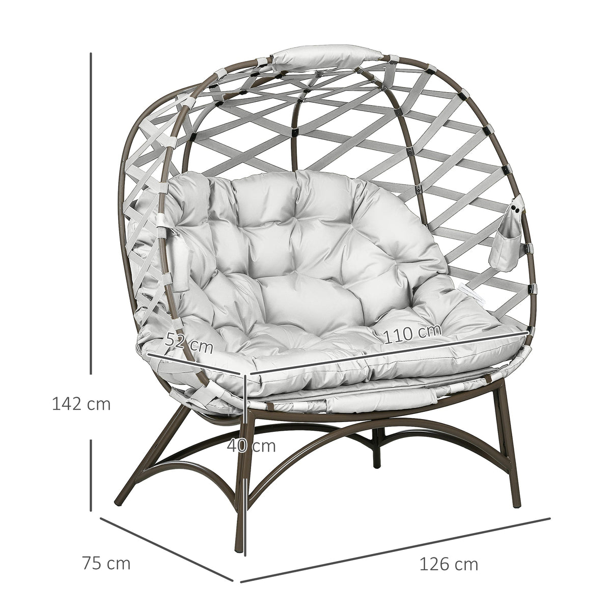 Outsunny 2 Seater Egg Chair Outdoor, Folding Weave Garden Furniture Chair with Cushion, Cup Pockets - Light Grey