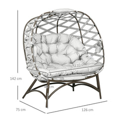 Outsunny 2 Seater Egg Chair Outdoor, Folding Weave Garden Furniture Chair with Cushion, Cup Pockets - Light Grey