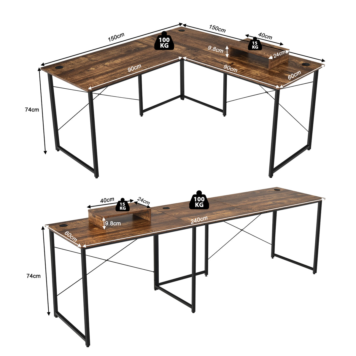 Reversible Corner Study Workstation and Writing Desk in Rustic Brown