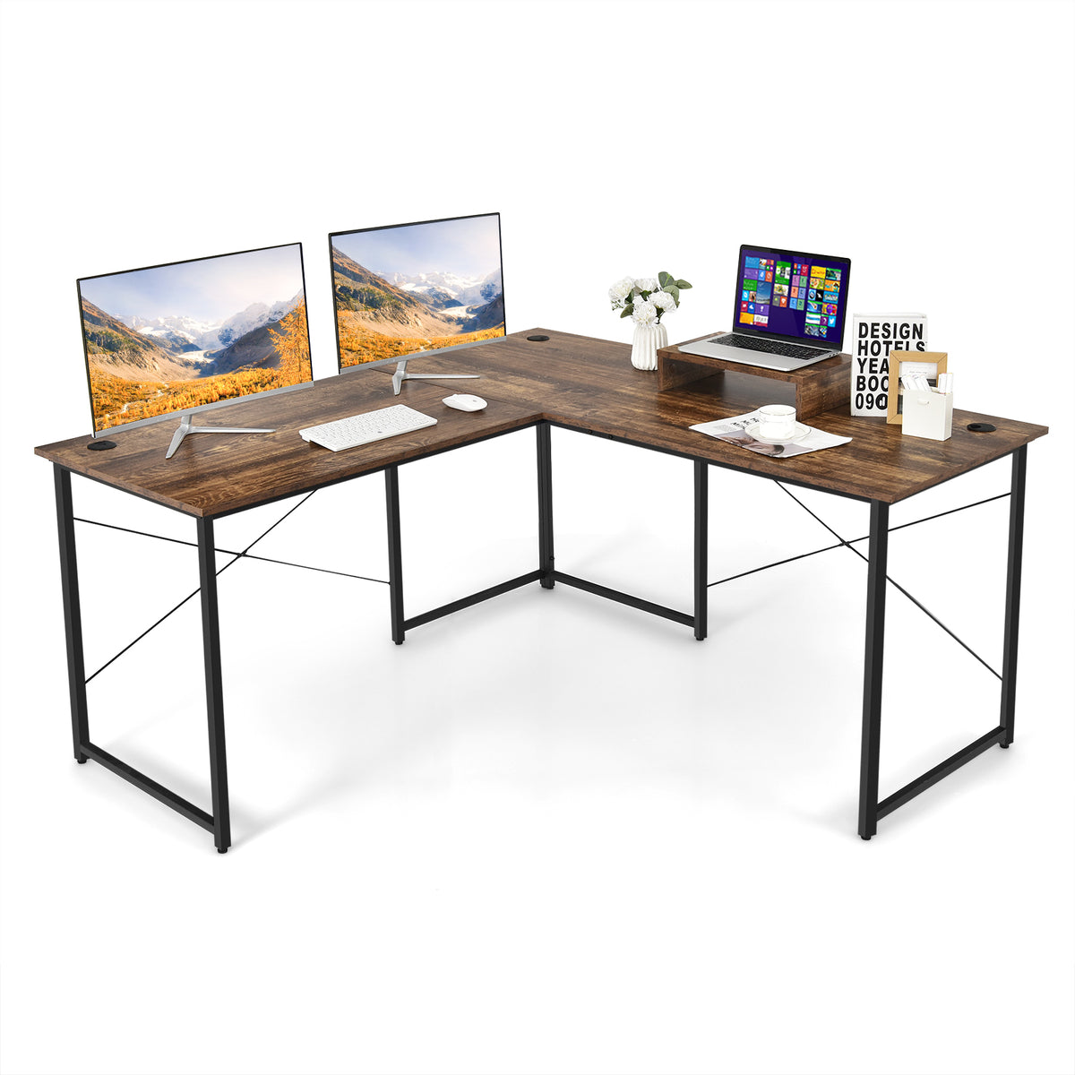 Reversible Corner Study Workstation and Writing Desk in Rustic Brown