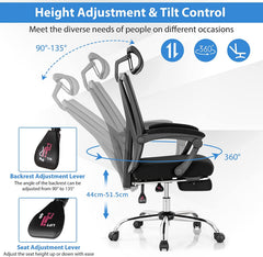 The office chair's height and tilt adjustment controls and range are illustrated
