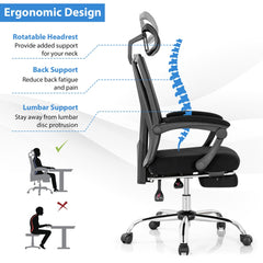 The office chair's ergonomic design features for neck and back support are highlighted
