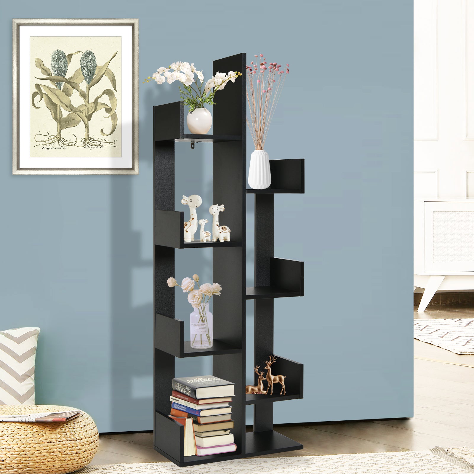 Tree-Shaped Bookshelf with 8 Storage Shelves-Black