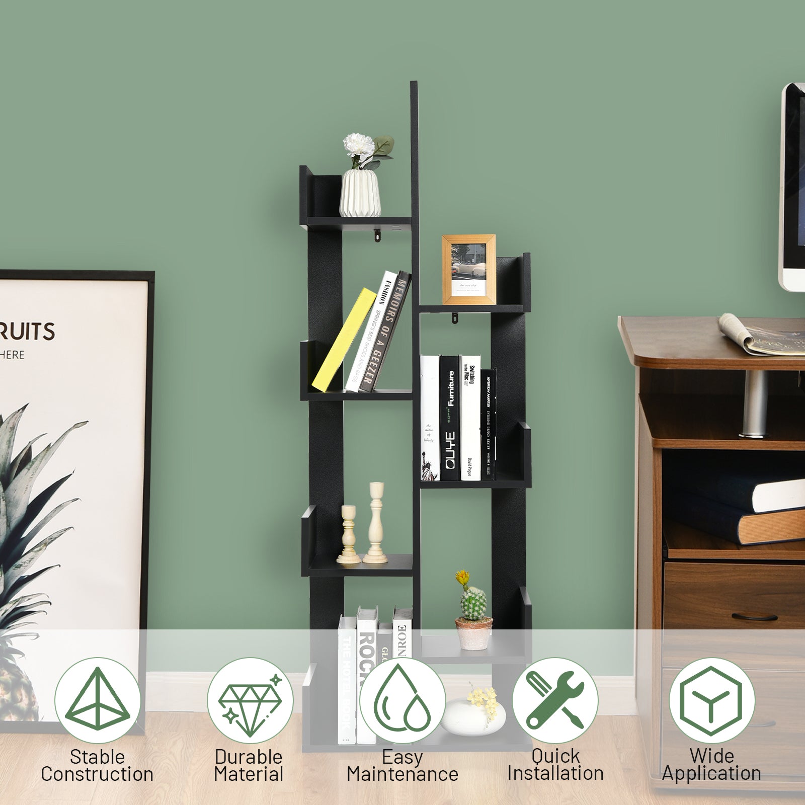 Tree-Shaped Bookshelf with 8 Storage Shelves-Black