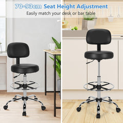 Two views of the drafting chair showing seat height adjustment options
