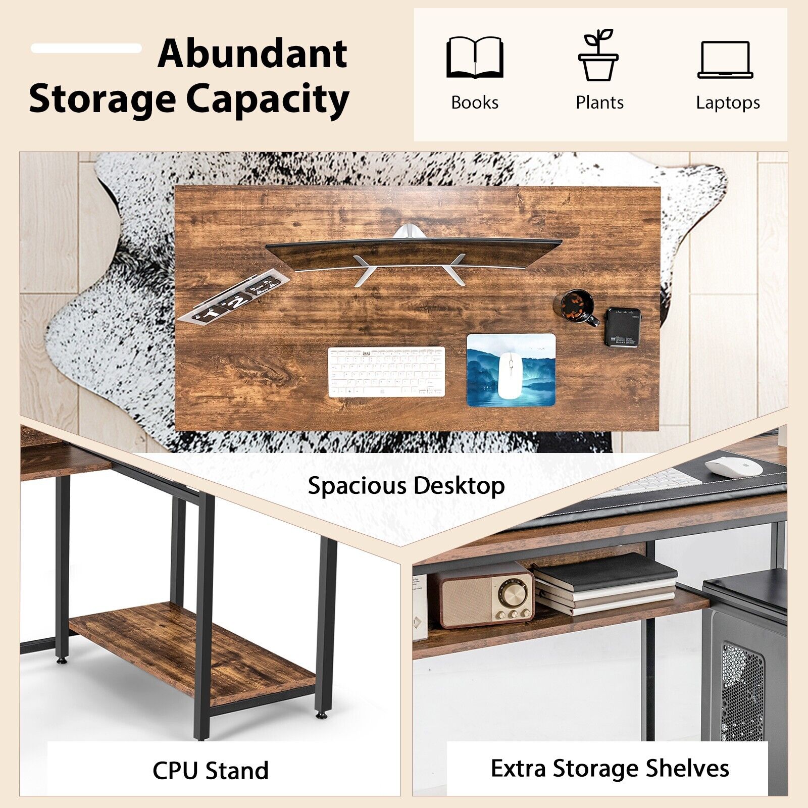 Industrial Computer Workstation Desk with Storage Shelf and CPU Stand-Rustic Brown