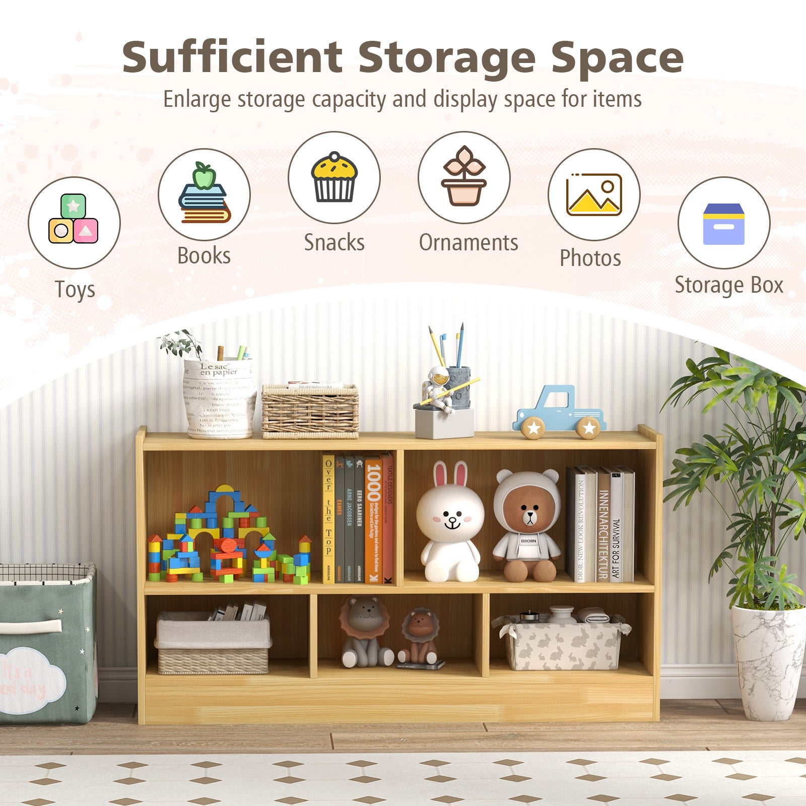 2-Tier Wooden Kids Bookcase with 5 Compartments for Playroom Study-Wood