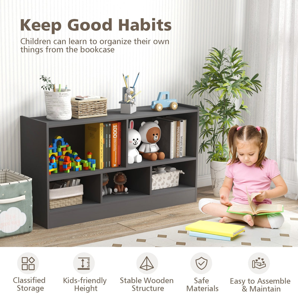 2-Tier Wooden Kids Bookcase with 5 Compartments for Playroom Study-Grey