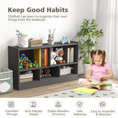 2-Tier Wooden Kids Bookcase with 5 Compartments for Playroom Study-Grey
