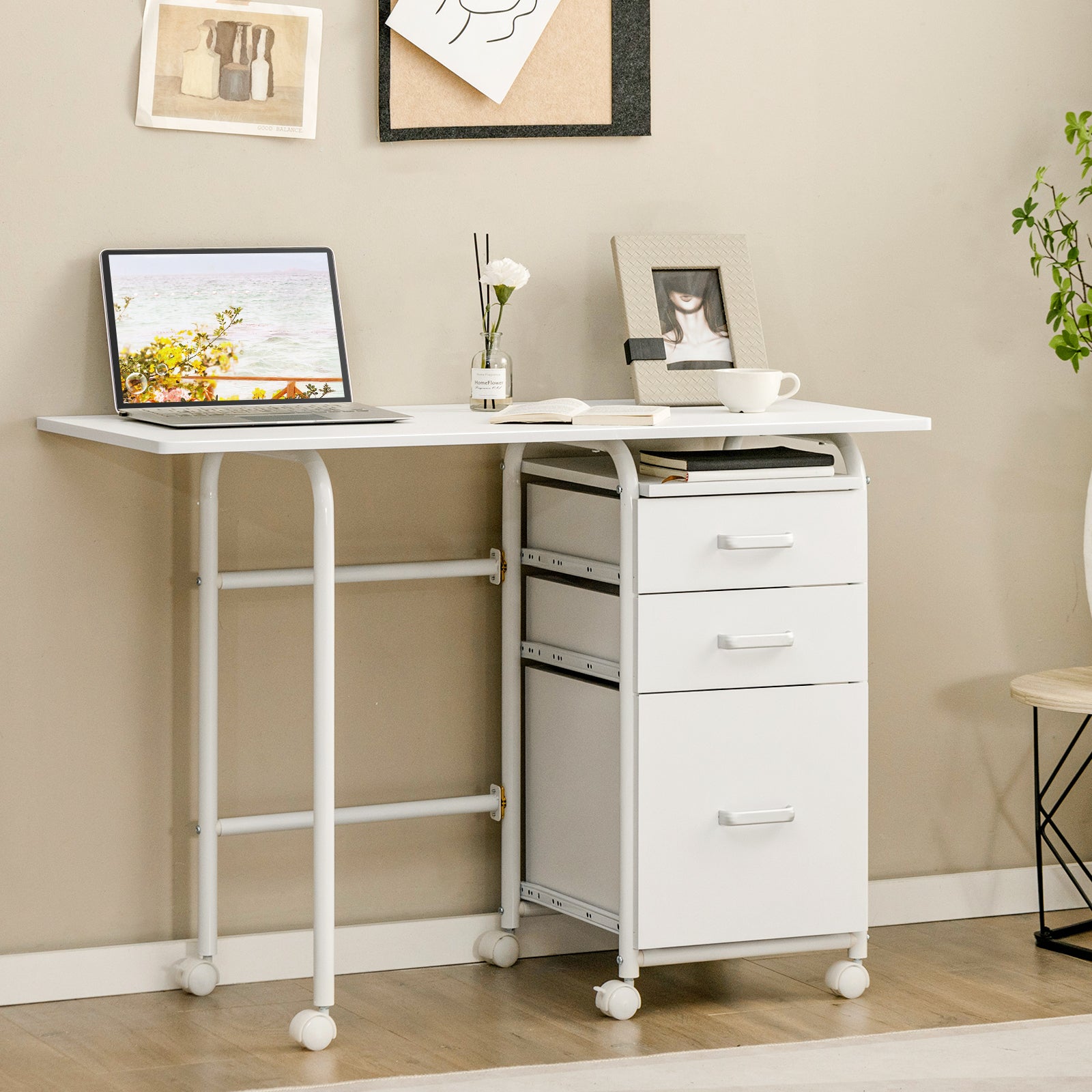 Folding Computer Desk with Rolling Wheels and 3 Drawers for Home Office-White