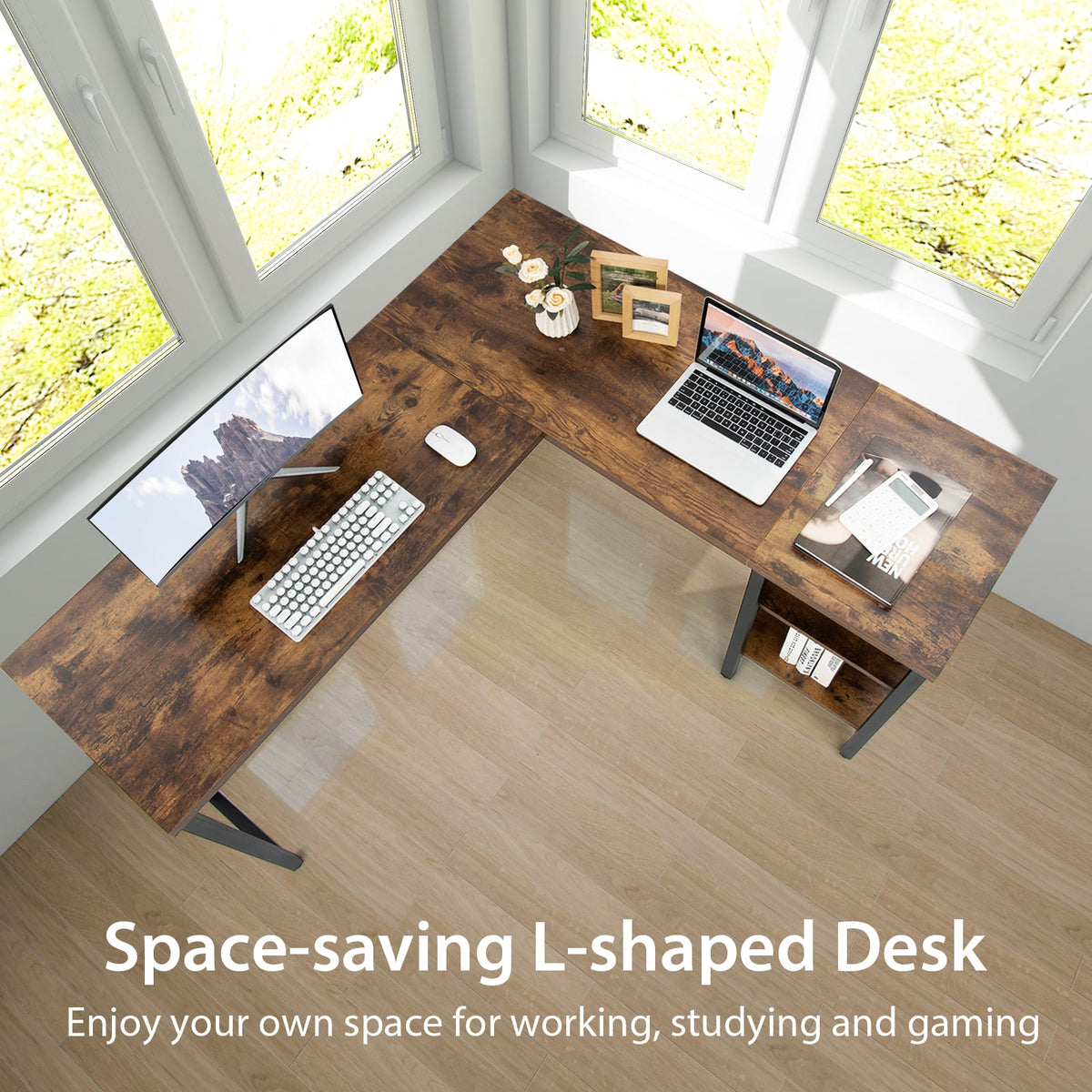 150 x 140 x 75cm Large Corner L-Shaped Computer Desk with 3 Storage Shelves-Rustic Brown