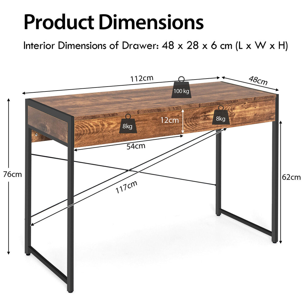 Product dimensions diagram for the wooden study desk with two drawers