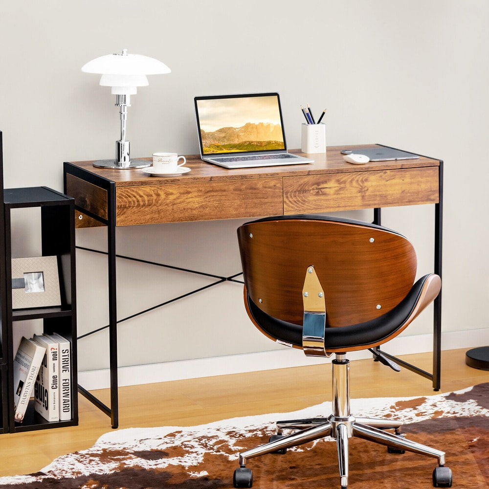 A wooden study desk with two drawers and black metal legs, shown with a chair and books