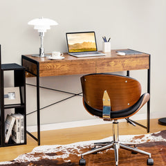 A wooden study desk with two drawers and black metal legs, shown with a chair and books