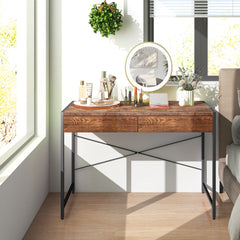 The wooden study desk with two drawers is shown as a dressing table in a bedroom setting