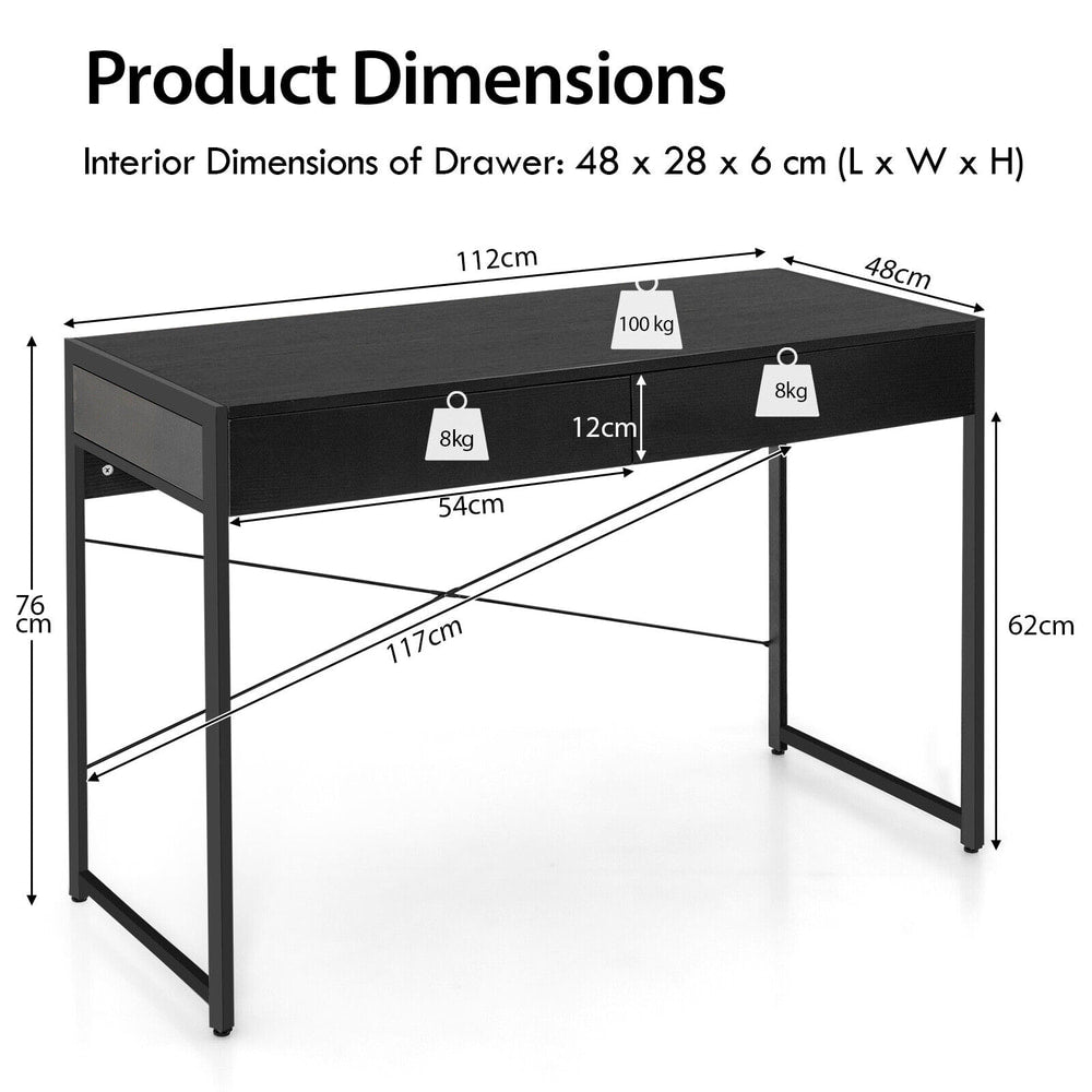 Dimensions of the black wooden study desk with two drawers