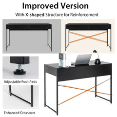 Close up of the adjustable foot pads and crossbar reinforcement on the desk