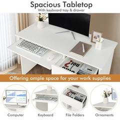 Close up of the white computer desk showing the keyboard tray and drawer, with text about ample space