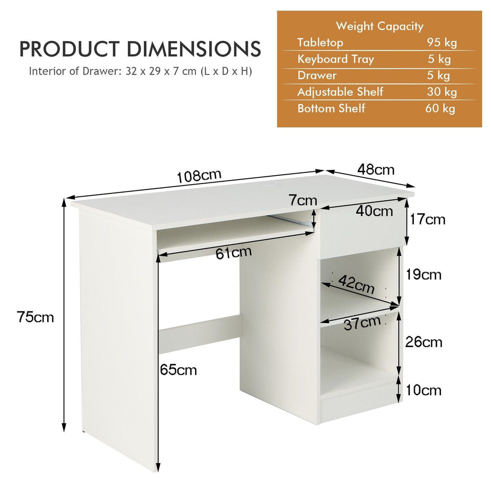 Product dimensions diagram for the white computer desk, showing height, width and depth