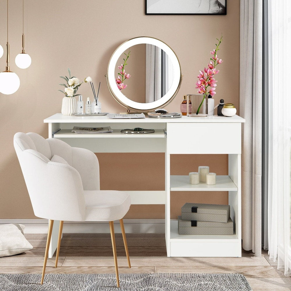 White computer desk with shelves and a drawer, styled as a dressing table with a mirror