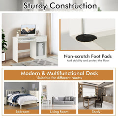 White computer desk with text about sturdy construction and non-scratch foot pads, shown in different room settings