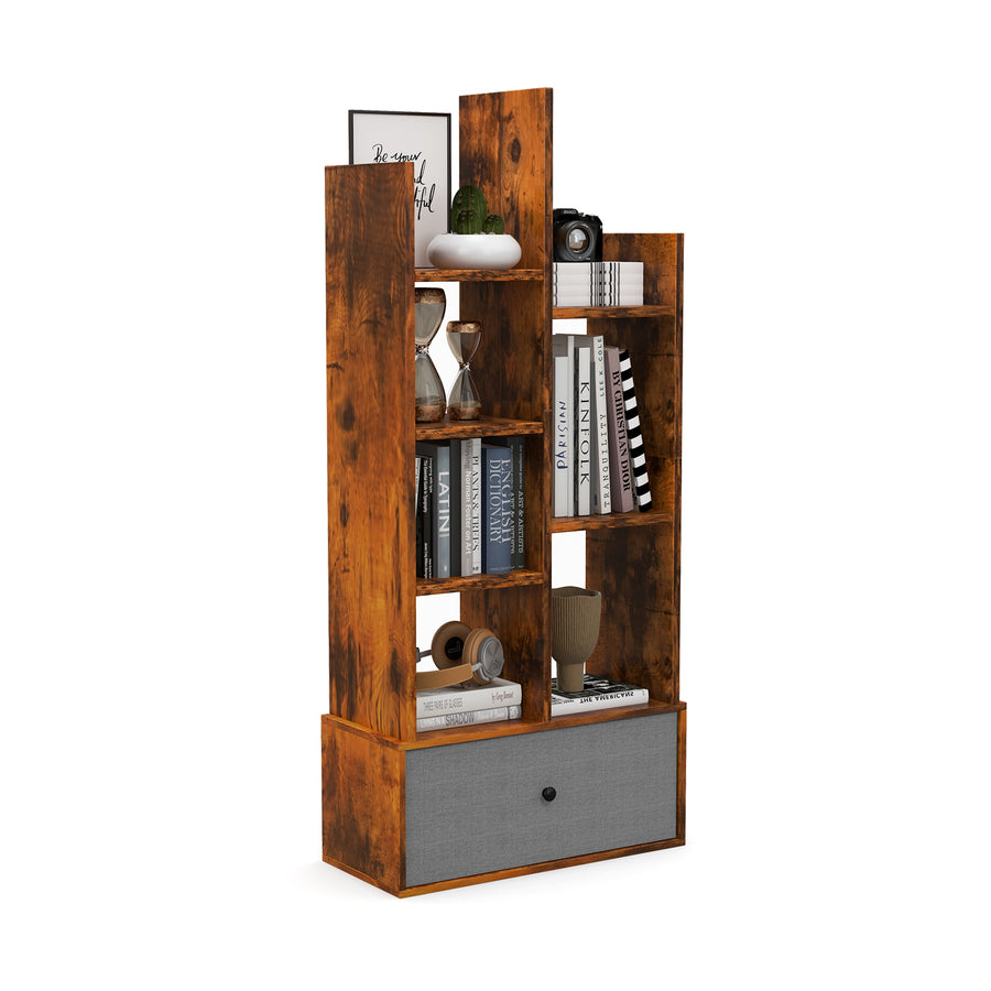 7-Tier Wooden Bookshelf with Folding Drawer for Study Living Room-Rustic Brown