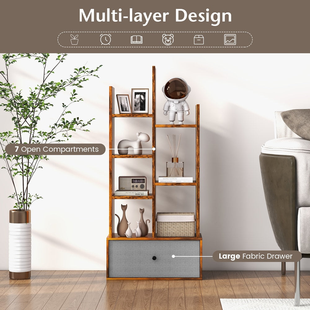 Multi-layer design of the wooden bookcase with a fabric drawer, showing 7 open compartments