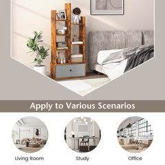 Wooden bookcase with fabric drawer shown in various room settings: living room, study, and office