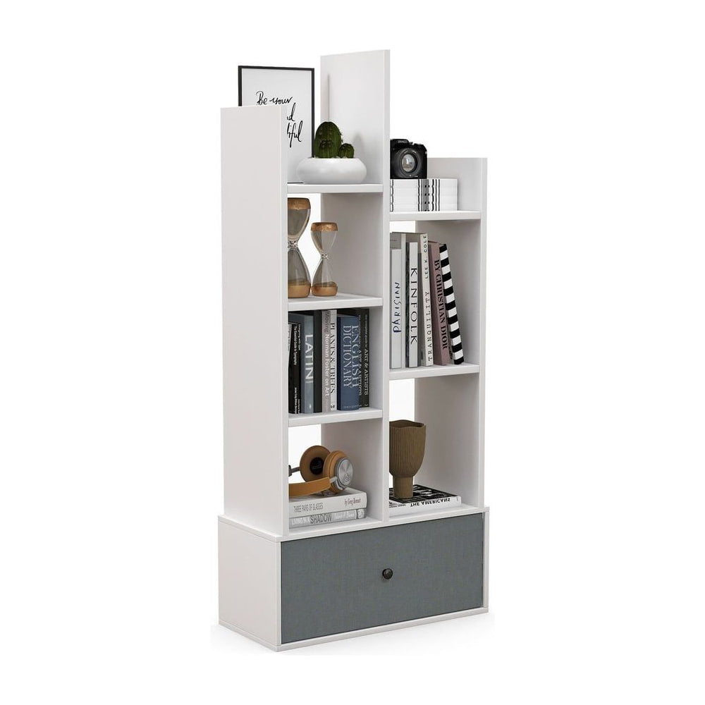 7-Tier Wooden Bookshelf with folding drawer in white and grey, shown against a white background