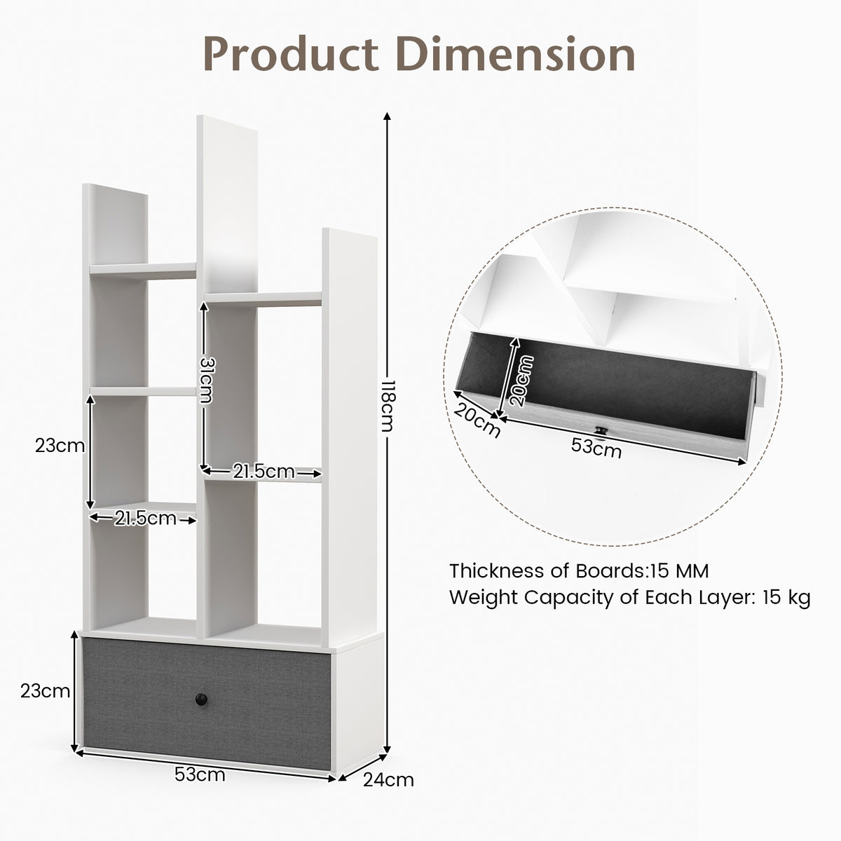 Product dimensions diagram for the white wooden bookcase with grey drawer, showing height and width