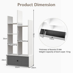Product dimensions diagram for the white wooden bookcase with grey drawer, showing height and width