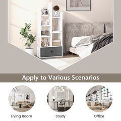 This white bookcase with a grey drawer is shown in various room settings: living room, study, and office