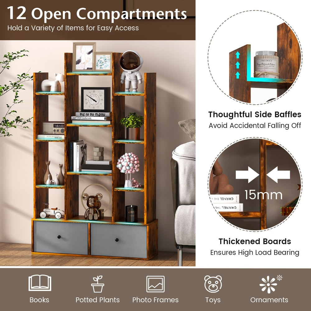 Close up of the wooden bookshelf with folding drawer showing shelf details and drawer fronts