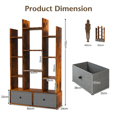 Product dimension diagram for the wooden bookshelf with folding drawer showing height and width