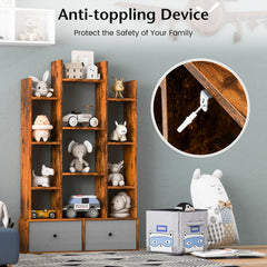 The wooden bookshelf with folding drawer shown with an anti-toppling device attached to the wall