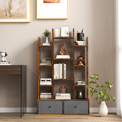 The wooden bookshelf with folding drawer in a study room next to a desk and a chair