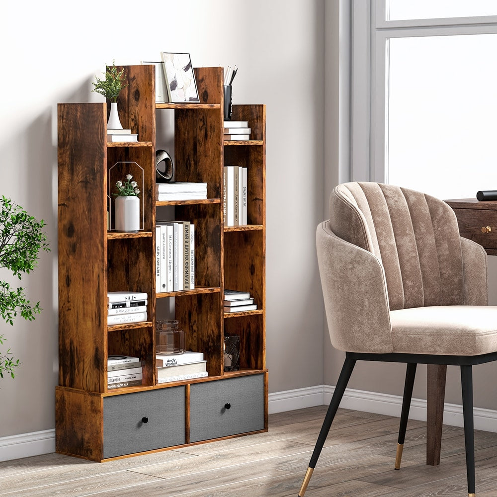 The wooden bookshelf with folding drawer next to a window and a chair in a home interior