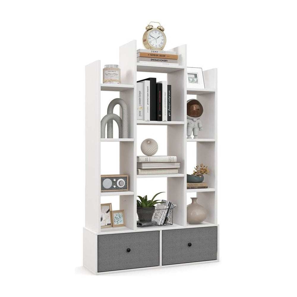 12-Tier Wooden Bookshelf with folding drawer in white, shown from the front with decorative items