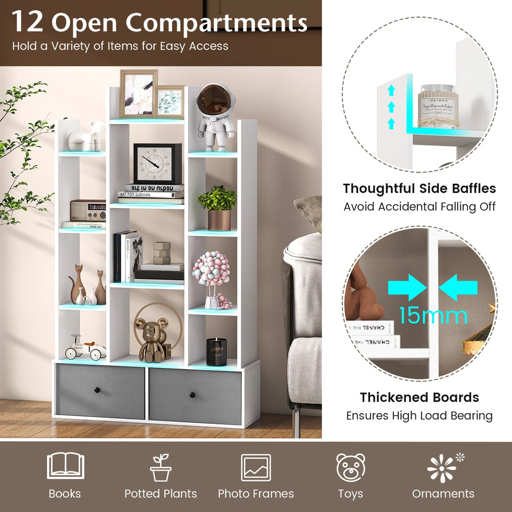 The white wooden bookcase with twelve tiers and two drawers, showing open compartments and baffles