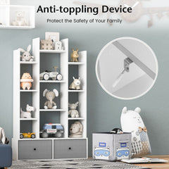 The white wooden bookcase with twelve tiers and two drawers, showing the anti-toppling device