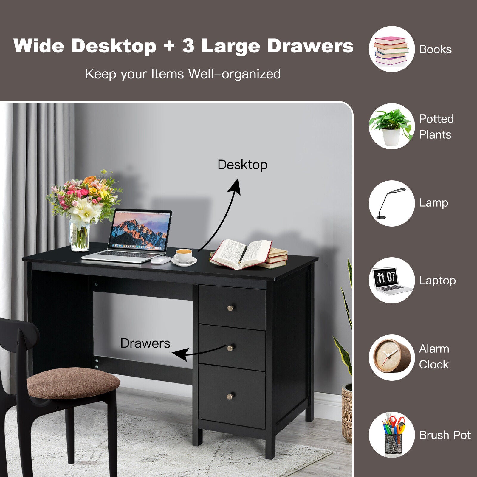Modern Computer Desk with 3 Drawers for Home Office-Black