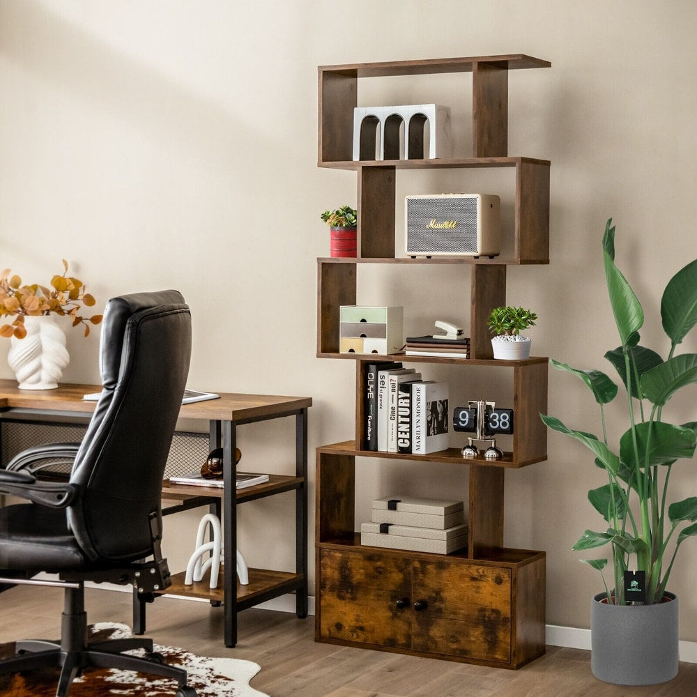 The rustic brown bookcase with cabinet shown in a home office setting with a desk and chair