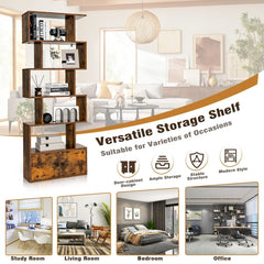 The rustic brown storage shelf shown in a collage of study, living room, bedroom and office settings