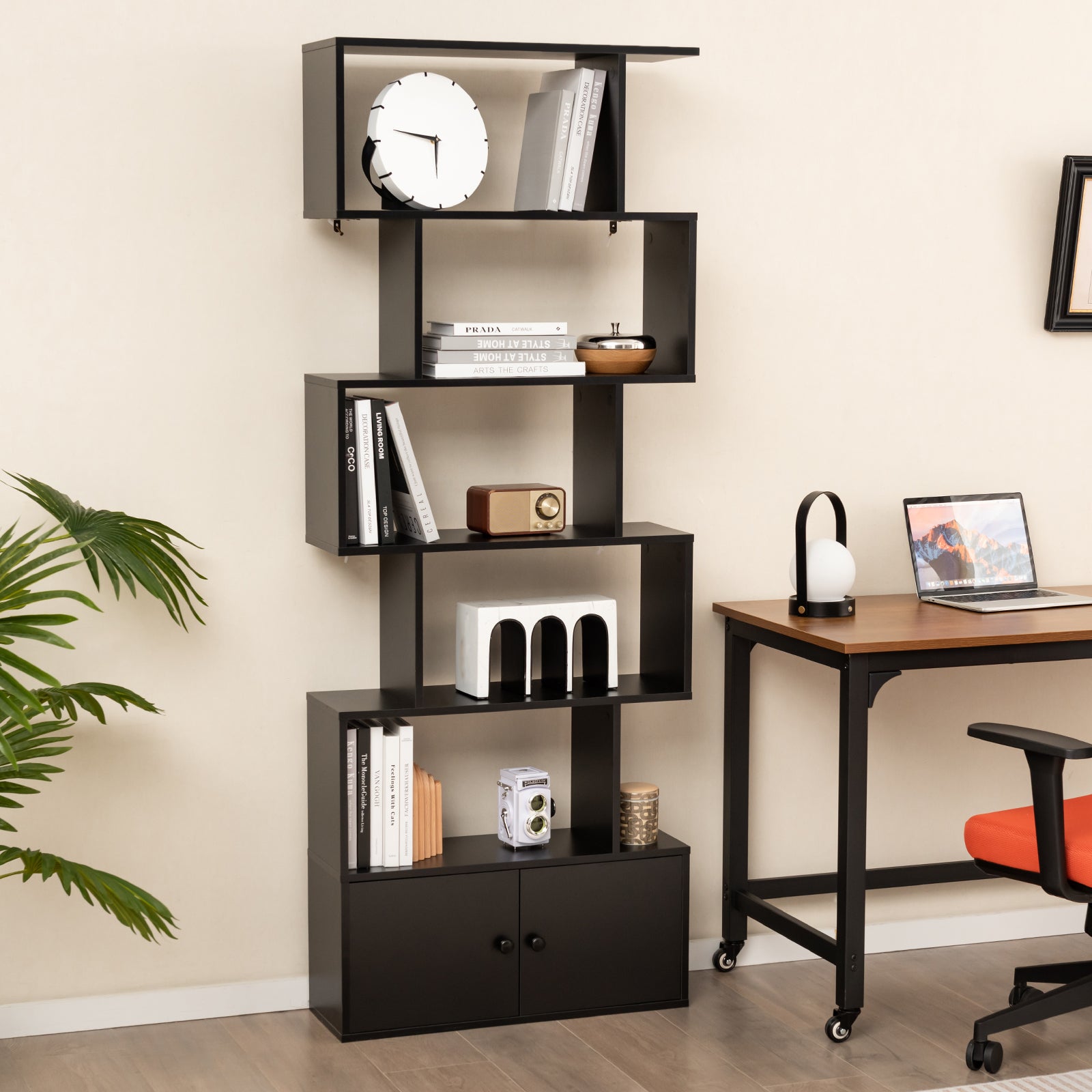 Industrial S-Shaped 5-tier Bookcase with Cabinet-Black