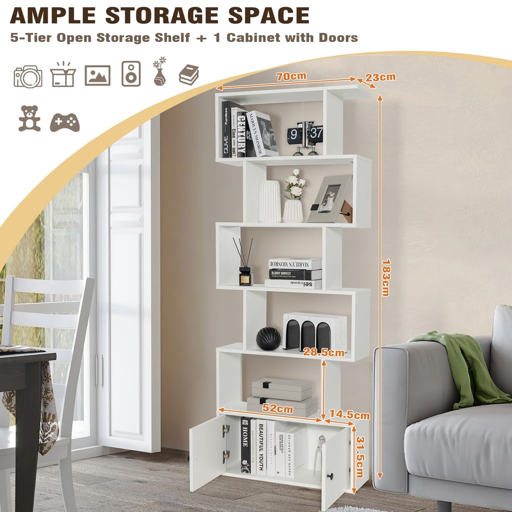 A diagram showing the dimensions of the white 5-tier bookcase with cabinet