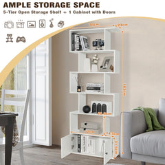 A diagram showing the dimensions of the white 5-tier bookcase with cabinet