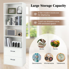 The white bookcase with icons showing examples of items that can be stored on the shelves