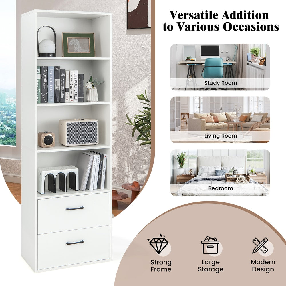 The white wooden bookcase shown in a study room, living room, and bedroom setting