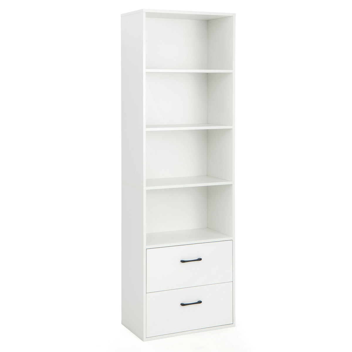 The empty white wooden bookcase showing four open shelves and two bottom drawers
