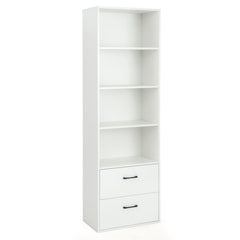 The empty white wooden bookcase showing four open shelves and two bottom drawers
